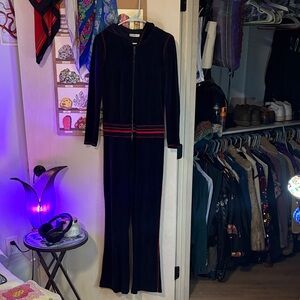 Black Hooded Jumpsuit with Red Stripes